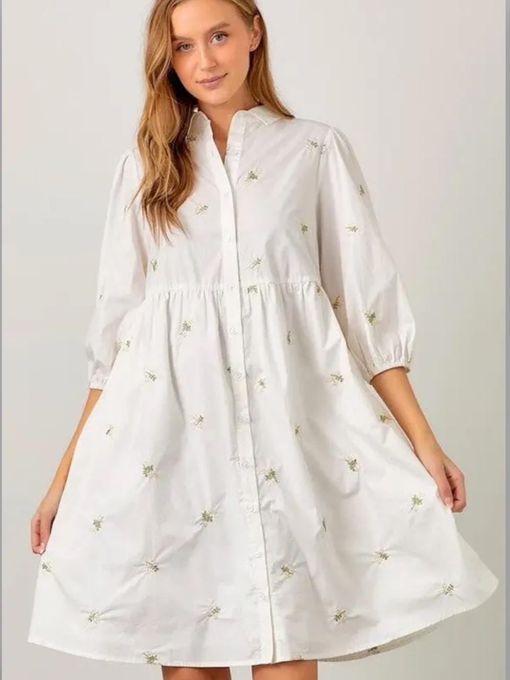 POLAGRAM White Floral Embroidered Babydoll Dress Button-Down Front Size L